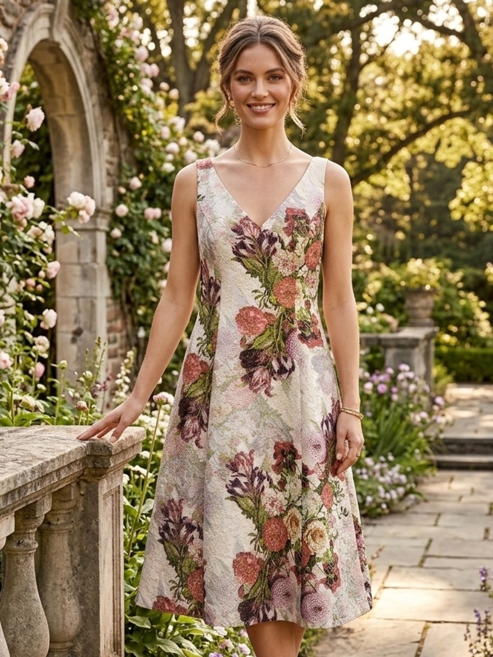 ADRIANNA PAPELL Sleeveless V Neck Floral & Metallic Dress BNWT